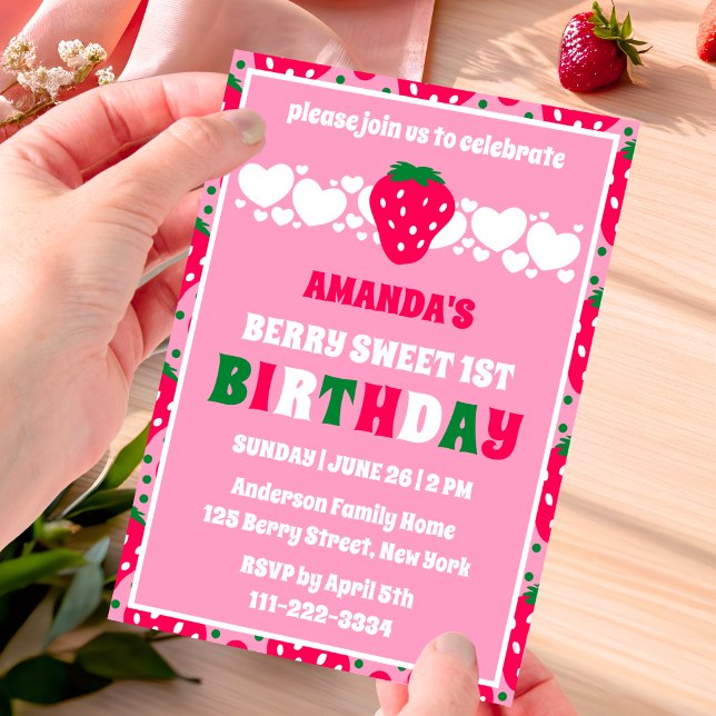 Invitación de Cumpleaños Número Uno con Fresas (Subido por el creador)