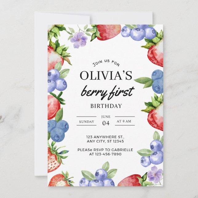 Invitación de Cumpleaños Número Uno con Fresas y A (Anverso)