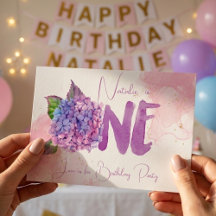 Invitación de cumpleaños número uno con hortensia