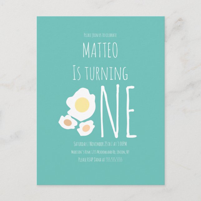 Invitación de cumpleaños número uno con huevo frit (Anverso)