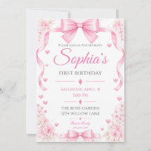 Invitación de cumpleaños número uno con lazo rosa 