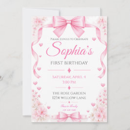 Invitación de cumpleaños número uno con lazo rosa 