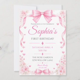 Invitación de cumpleaños número uno con lazo rosa 