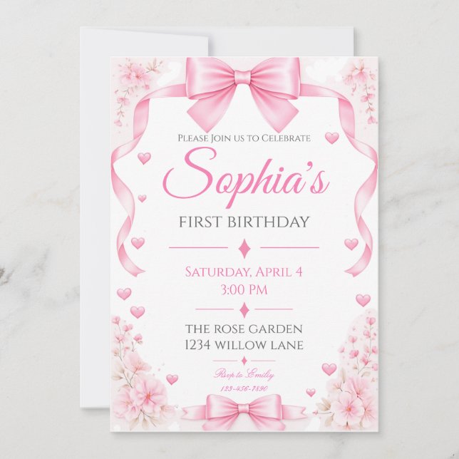 Invitación de cumpleaños número uno con lazo rosa  (Anverso)