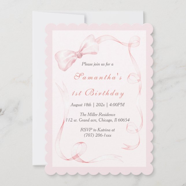 Invitación de cumpleaños número uno con lazo rosa  (Anverso)