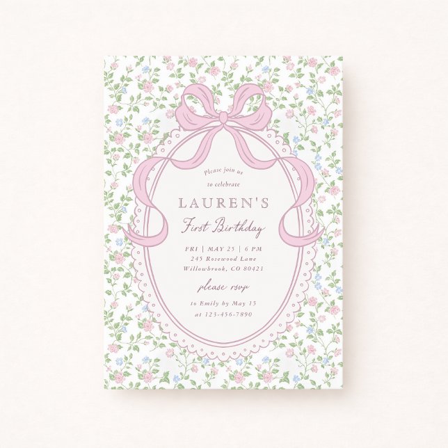 Invitación de cumpleaños número uno con lazo rosa  (Subido por el creador)