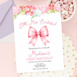 Invitación de cumpleaños número uno con lazo rosa 