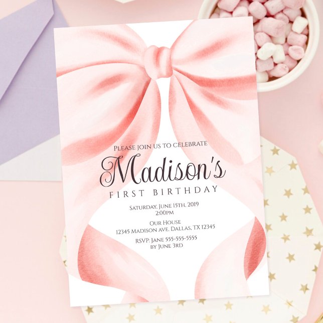Invitación de cumpleaños número uno con lazo rosa  (Subido por el creador)