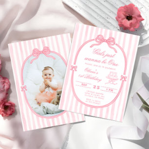 Invitación de cumpleaños número uno con lazo rosa