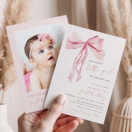 Invitación de cumpleaños número uno con lazo rosa 