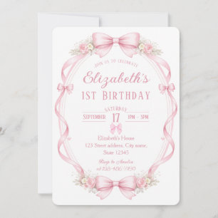 Invitación de cumpleaños número uno con lazo rosa 