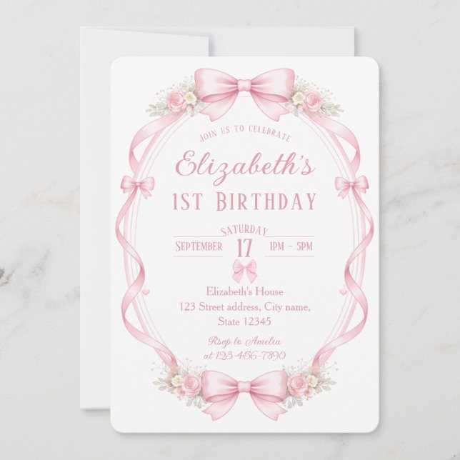 Invitación de cumpleaños número uno con lazo rosa  (Anverso)
