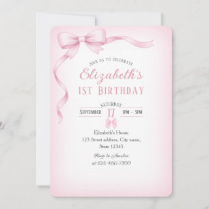Invitación de Cumpleaños Número Uno con Lazo Rosa 