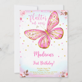 Invitación de cumpleaños número uno con mariposa a