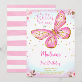 Invitación de cumpleaños número uno con mariposa a