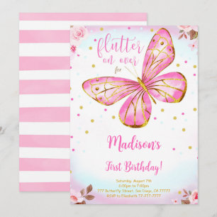 Invitación de cumpleaños número uno con mariposa a