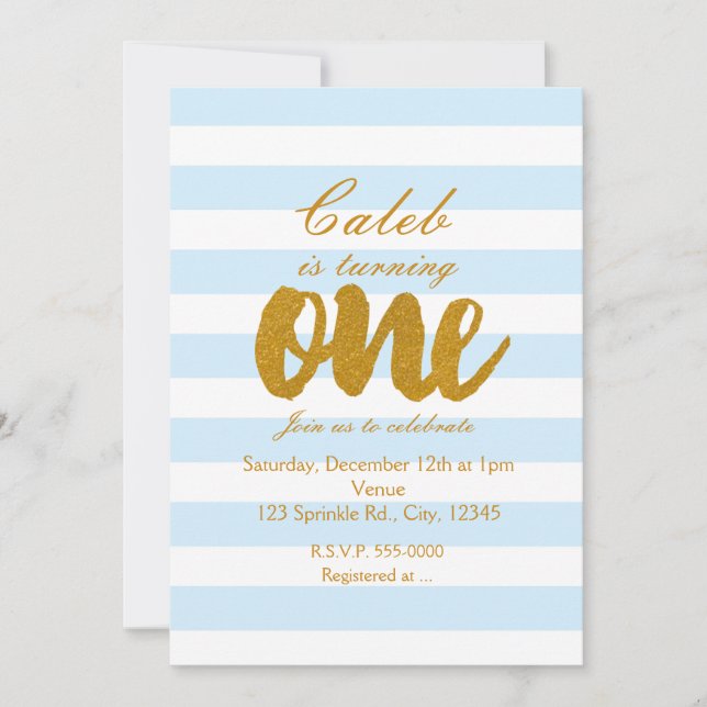 Invitación de cumpleaños número uno con rayas azul (Anverso)