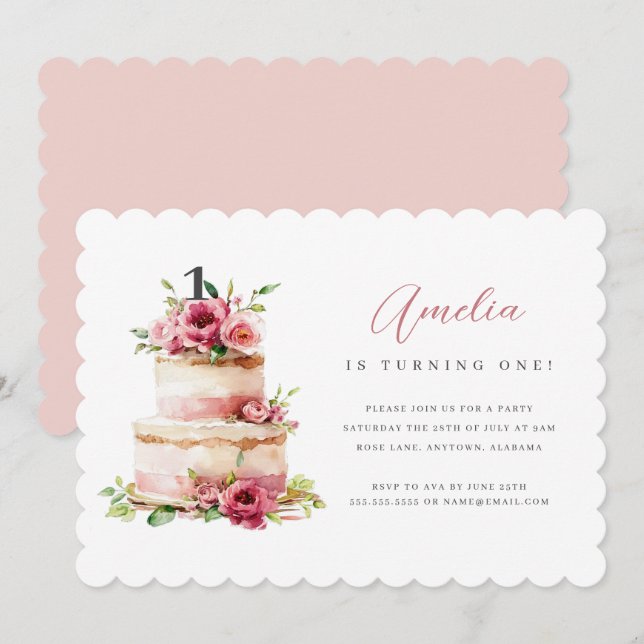 Invitación de Cumpleaños Número Uno con Torta Flor (Anverso / Reverso)