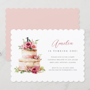 Invitación de Cumpleaños Número Uno con Torta Flor