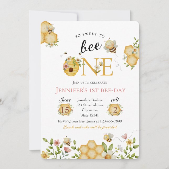 Invitación de cumpleaños número uno de abeja acuar (Anverso)