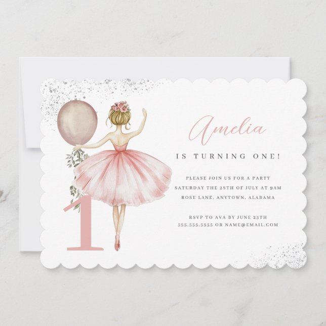 Invitación de cumpleaños número uno de bailarina r (Anverso)
