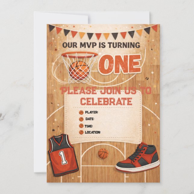 Invitación de cumpleaños número uno de baloncesto  (Anverso)