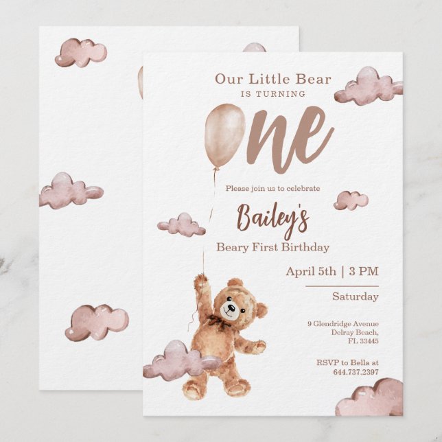 Invitación de cumpleaños número uno de Beary (Anverso / Reverso)