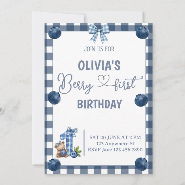 Invitación de cumpleaños número uno de Blue Berry  (Anverso)