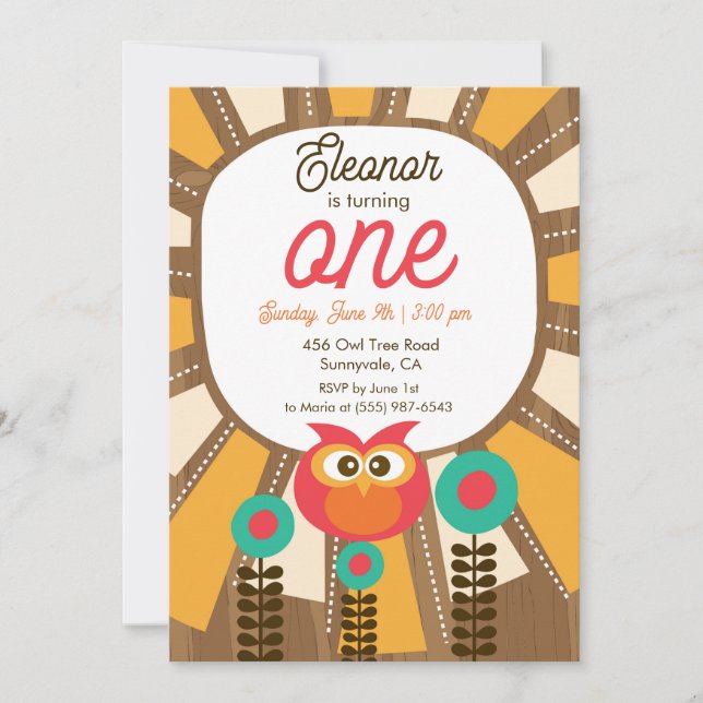 Invitación de cumpleaños número uno de búho del bo (Anverso)