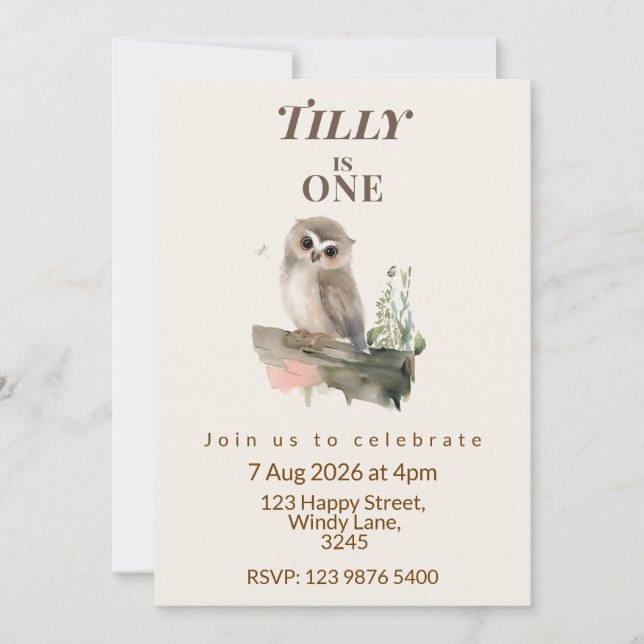 Invitación de cumpleaños número uno de búho del bo (Anverso)