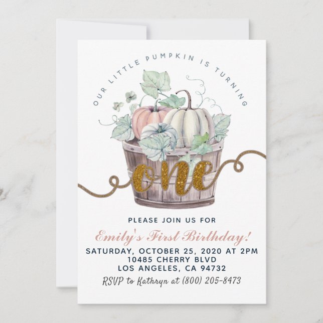 Invitación de cumpleaños número uno de calabaza (Anverso)