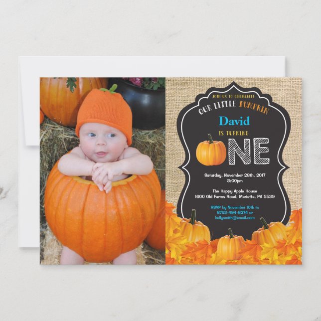 Invitación de cumpleaños número uno de calabaza co (Anverso)