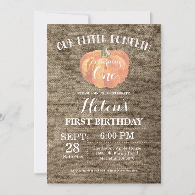 Invitación de cumpleaños número uno de calabaza en (Anverso)