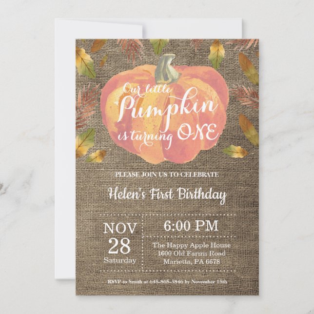 Invitación de cumpleaños número uno de calabaza na (Anverso)