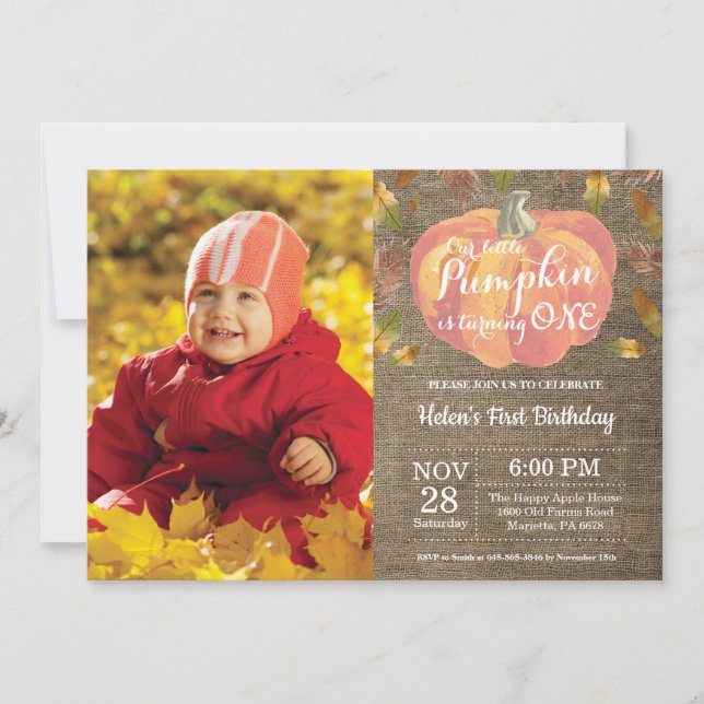 Invitación de cumpleaños número uno de calabaza na (Anverso)