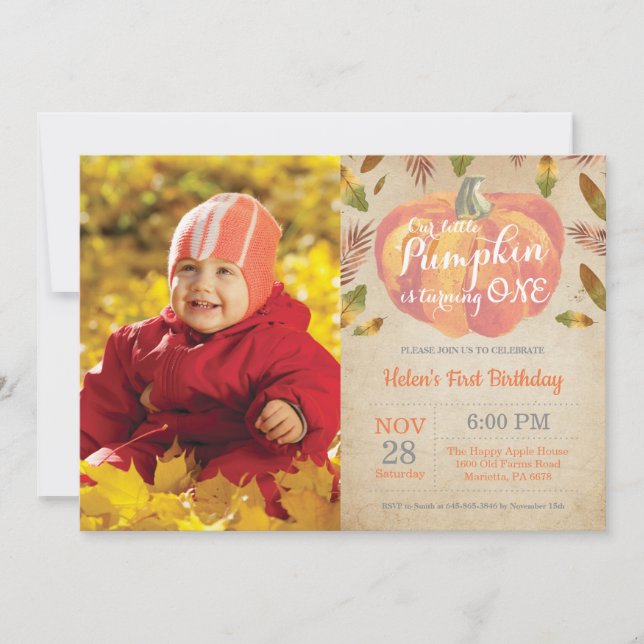 Invitación de cumpleaños número uno de calabaza na (Anverso)