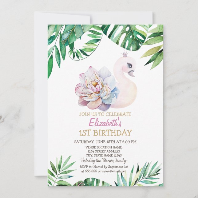Invitación de cumpleaños número uno de cisne bebé  (Anverso)