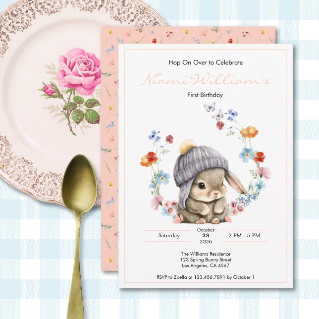 Invitación de cumpleaños número uno de Conejito Ac (Cute Watercolor Bunny 1st Birthday Invitation 4)