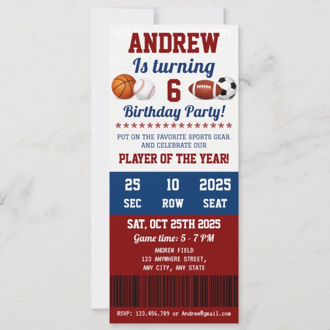 Invitación de cumpleaños número uno de deporte All (Anverso)