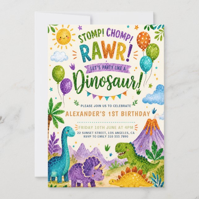 Invitación de cumpleaños número uno de dinosaurio  (Anverso)