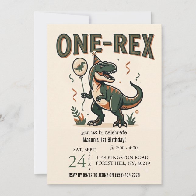 Invitación de cumpleaños número uno de dinosaurio  (Anverso)
