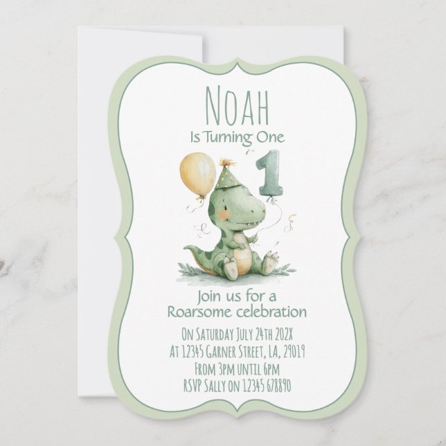 Invitación de cumpleaños número uno de dinosaurio (Anverso)