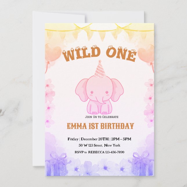 Invitación de cumpleaños número uno de elefante li (Anverso)