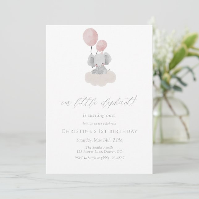 Invitación de cumpleaños número uno de elefante ro (Anverso de pie)