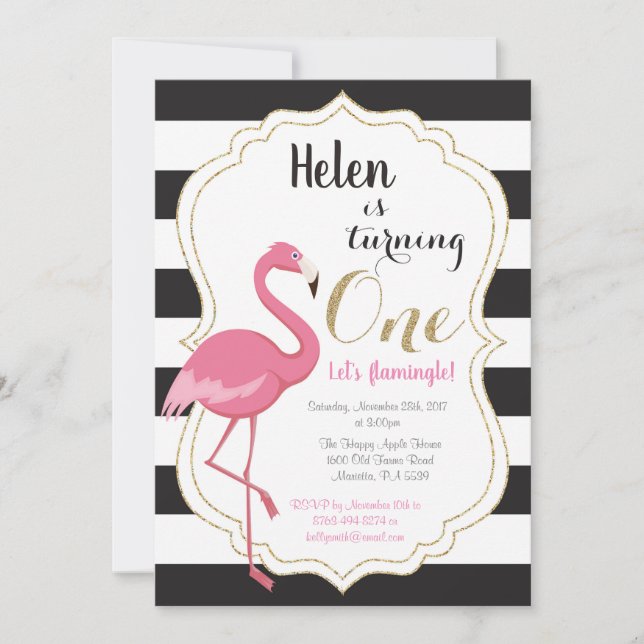 Invitación de cumpleaños número uno de flamenco ni (Anverso)