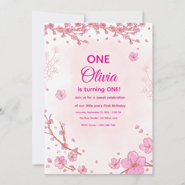Invitación de cumpleaños número uno de flor de cer (Anverso)