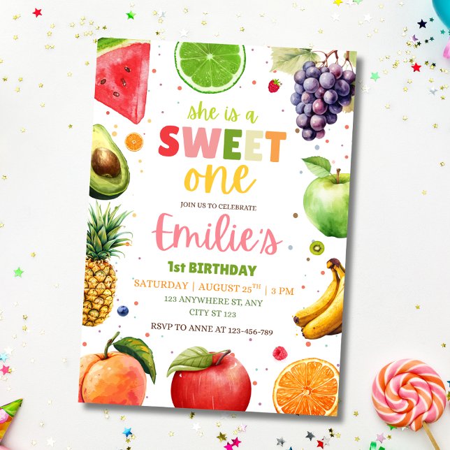 Invitación de cumpleaños número uno de Fruta Dulce (Subido por el creador)