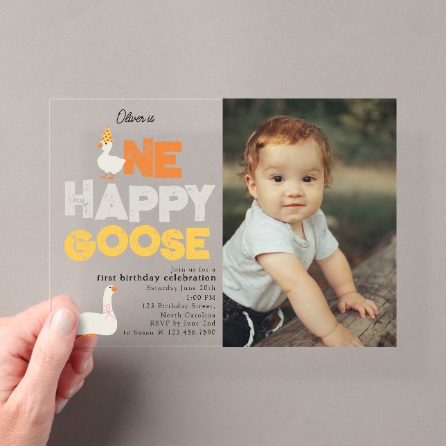 Invitación de cumpleaños número uno de ganso feliz (Insitu (portátil))