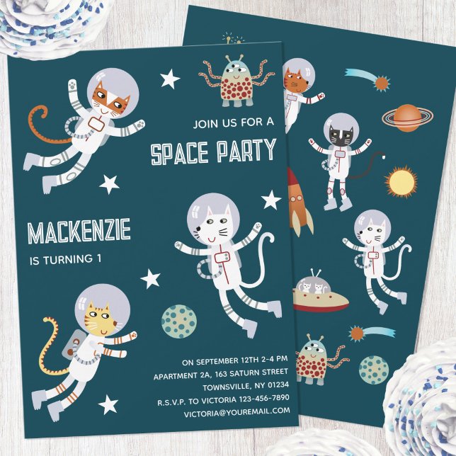 Invitación de cumpleaños número uno de gatos diver (Fun space themed cat astronaut kids first birthday party invitations)