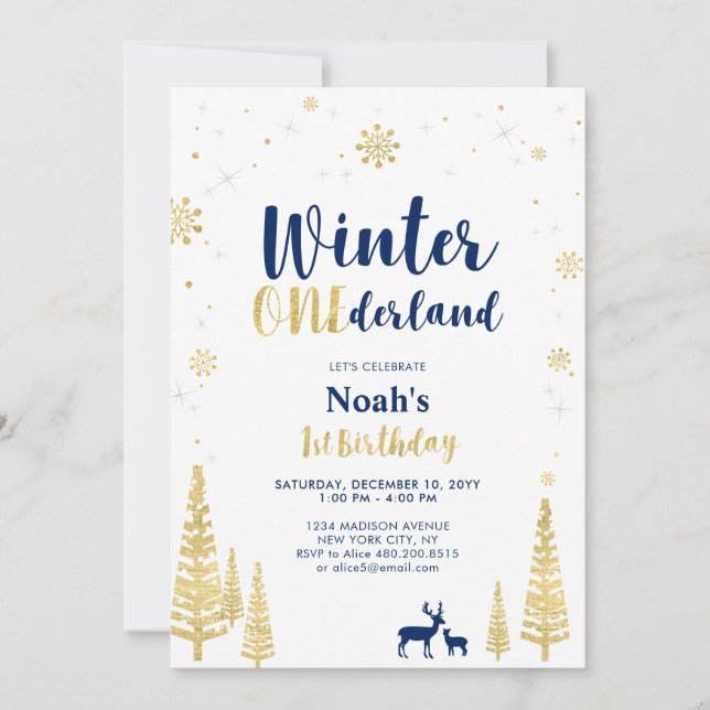 Invitación de cumpleaños número uno de Gold Winter (Anverso)